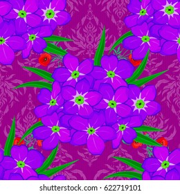 Watercolor seamless pattern on striped background. Vector floral print on a purple background. Cute primula flowers pattern.