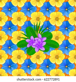 Watercolor seamless pattern on striped background. Vector floral print on a orange background. Cute cosmos flowers pattern.