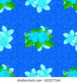 Watercolor seamless pattern on striped background. Vector floral print on a blue background. Cute plumeria flowers pattern,