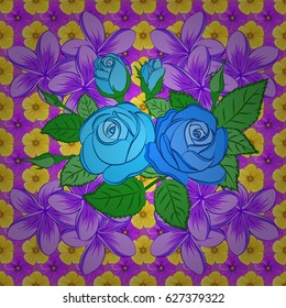 Watercolor seamless pattern on striped background. Vector floral print on a violet background. Cute rose flowers and green leaves pattern,
