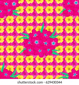 Watercolor seamless pattern on striped background. Vector floral print on a magenta background. Cute cosmos flowers pattern.