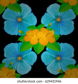 Watercolor seamless pattern on striped background. Vector floral print on a black background. Cute cosmos flowers pattern,