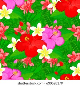 Watercolor seamless pattern on striped background. Vector floral print on a green background. Cute hibiscus flowers pattern,