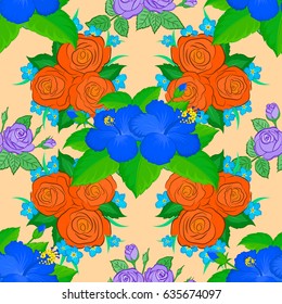 Watercolor seamless pattern on striped background. Vector floral print on a beige background. Cute rose flowers and green leaves pattern,