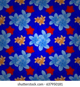 Watercolor seamless pattern on striped background. Vector floral print on a blue background. Cute plumeria flowers pattern,