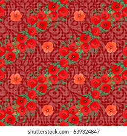 Watercolor seamless pattern on striped background. Vector floral print on a red background. Cute poppy flowers pattern.