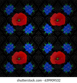 Watercolor seamless pattern on striped background. Vector floral print on a black background. Cute poppy flowers pattern,