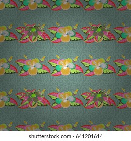 Watercolor seamless pattern on striped background. Vector floral print in green and pink colors.