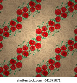 Watercolor seamless pattern on striped background. Vector floral print on a beige background. Cute poppy flowers pattern,