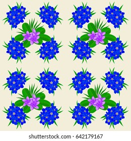 Watercolor seamless pattern on striped background. Vector floral print on a beige background. Cute violet plumeria and blue forget-me-not flowers pattern.