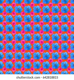 Watercolor seamless pattern on striped background. Vector floral print on a orange background. Cute blue and violet cosmos flowers pattern.