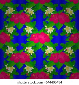 Watercolor seamless pattern on striped background. Vector floral print on a blue background. Cute hibiscus flowers pattern.