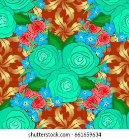 Watercolor seamless pattern on striped background. Vector floral print on a brown. Cute rose flowers and green leaves pattern,
