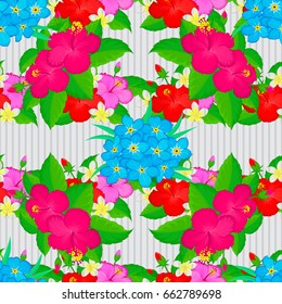 Watercolor seamless pattern on striped background. Vector floral print on a gray background. Cute plumeria flowers pattern,