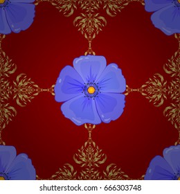 Watercolor seamless pattern on striped background. Vector floral print on a red background. Cute cosmos flowers pattern,