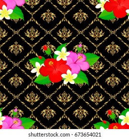 Watercolor seamless pattern on striped background. Vector floral print on a black background. Cute hibiscus flowers pattern.