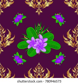 Watercolor seamless pattern on striped background. Vector floral print in neutral, purple and green colors. Cute plumeria flowers pattern,
