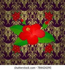 Watercolor seamless pattern on striped background. Vector floral print in yellow, purple and neutral colors. Cute hibiscus flowers pattern,