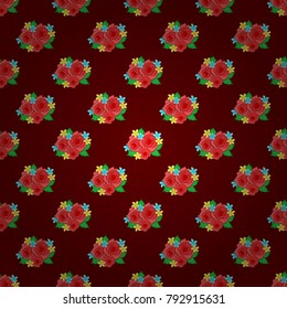 Watercolor seamless pattern on striped background. Vector floral print in red, orange and pink colors. Cute rose flowers and green leaves pattern,