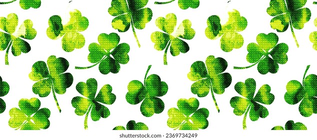 Watercolor seamless pattern on the theme of st. patrick's day. green four-leaf clover leaves on a white background. holiday print. Vector illustration