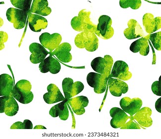 Watercolor seamless pattern on the theme of st. patrick's day. green four-leaf clover leaves on a white background. holiday print. Vector illustration