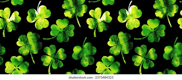 Watercolor seamless pattern on the theme of st. patrick's day. green four-leaf clover leaves on a white background. holiday print. Vector illustration