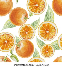 Watercolor seamless pattern of orange fruit with leafs. Vector illustration of citrus orange fruits. Eco food illustration