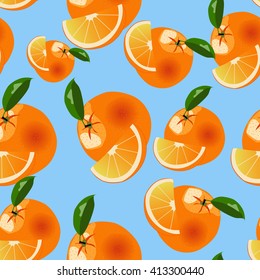 Watercolor seamless pattern of orange fruit with leafs. Vector illustration of citrus orange fruits. Eco food illustration