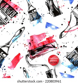 Watercolor seamless pattern with paint roller and brush. Building and repair. Vector.