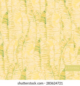 Watercolor seamless pattern with palm leaves. Monochrome allover pattern with hand drawn ink banana leaves. Modern forest background.