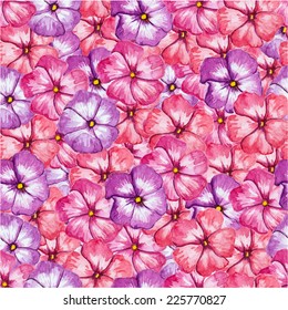 Watercolor seamless pattern with phlox flower. Hand drawn vintage illustration. Vector illustration.