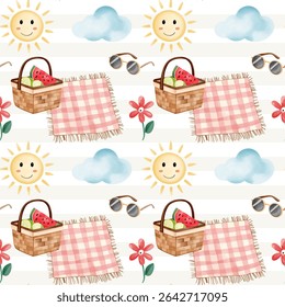 Watercolor seamless pattern with picnic elements in hand drawn style for seasonal design. Summertime background
