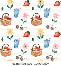 Watercolor seamless pattern with picnic elements. Summertime design. Hand drawn seasonal background