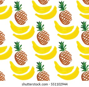 Watercolor Seamless Pattern with Pineapples and Bananas on White Background. Hand Drawn Tropical Design. Vector Summer Fruit Illustration.