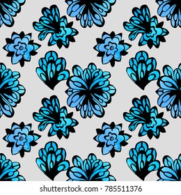 watercolor seamless pattern with pink and blue flowers hand painted with watercolor and black outline. Transparent gentle flower ornament