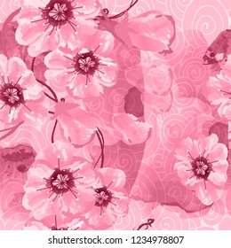 Watercolor Seamless pattern. Pink flower petal.Vectorized watercolor drawing.