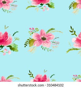 Watercolor seamless pattern / pink flowers on a blue background