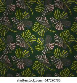 Watercolor seamless pattern. Pink, green and yellow hibiscus pattern. Textile print for bed linen, jacket, package design, fabric and fashion concepts. Exotic vector seamless pattern floral design.