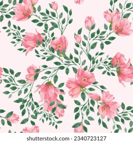 Watercolor seamless pattern of pink puppy flowers and vines little leaves in the garden 