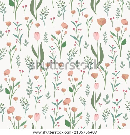 Watercolor seamless pattern with pink red flowers and tulip leaves. Floral background wallpaper design print