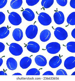 Watercolor seamless pattern with plums on the white background. Hand drawn background. Vector illustration. 
