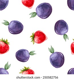 Watercolor seamless pattern with plums and strawberries. Hand drawn design. Vector summer fruit illustration.