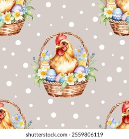 Watercolor seamless pattern polka dots and Easter chicken with colorful Easter Eggs and flowers isolated on a light gray background. Vector design for wallpaper, textile design, fabric, wrapping paper