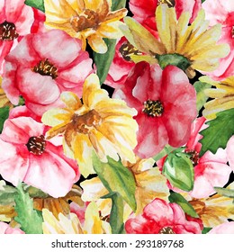 Aquarellfarben nahtlos mit Pflaumen und Kamille. Blumenhintergrund.