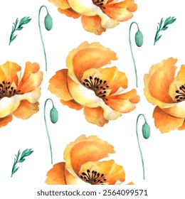 Watercolor seamless pattern. Watercolor poppies, hand drawn floral illustration, wildflowers isolated on white background. Vector illustration in watercolor style.