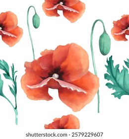 Watercolor seamless pattern. Watercolor poppies, hand drawn floral illustration, wildflowers isolated on white background. Vector illustration in watercolor style.
