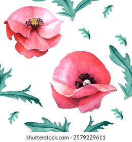 Watercolor seamless pattern. Watercolor poppies, hand drawn floral illustration, wildflowers isolated on white background. Vector illustration in watercolor style.
