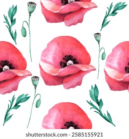 Watercolor seamless pattern. Watercolor poppies, hand drawn floral illustration, wildflowers isolated on white background. Vector illustration in watercolor style.
