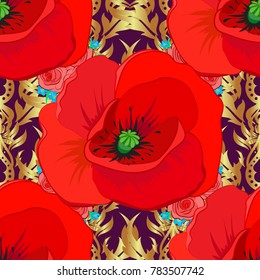 Watercolor seamless pattern with poppy flowers in red, purple and brown colors. Vintage style trendy print. Beautiful vector pattern for decoration and design. Exquisite pattern of poppy flowers.