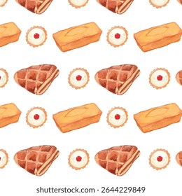 Padrão sem emenda aquarela com bolo de libra, Chausson aux Pommes e Jam Tart - Projeto temático de padaria. Padrão de aquarela pintado à mão sem costura. Ótimo para design têxtil, embalagens, blogs de panificação.